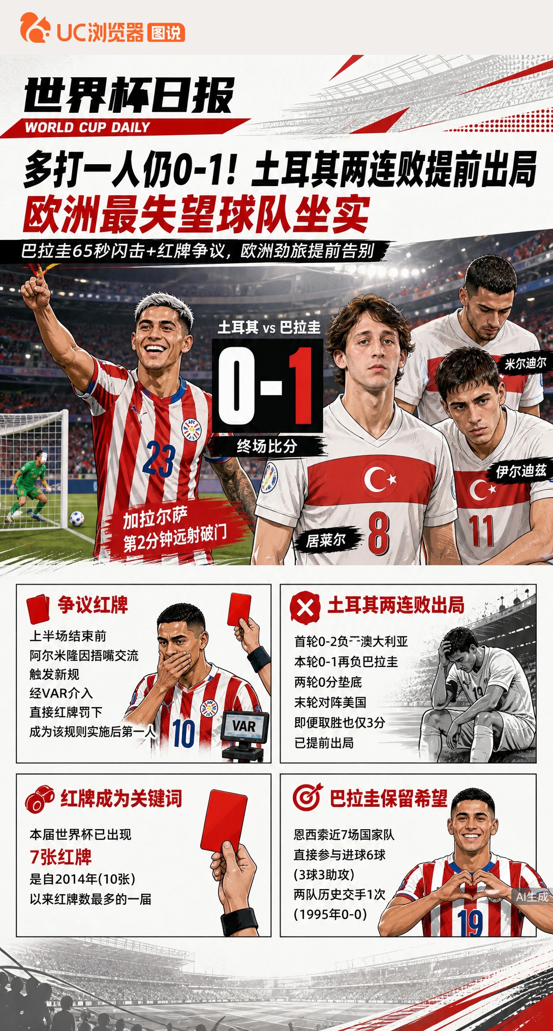 多打一人仍0-1！土耳其两连败提前出局，欧洲最失望球队坐实