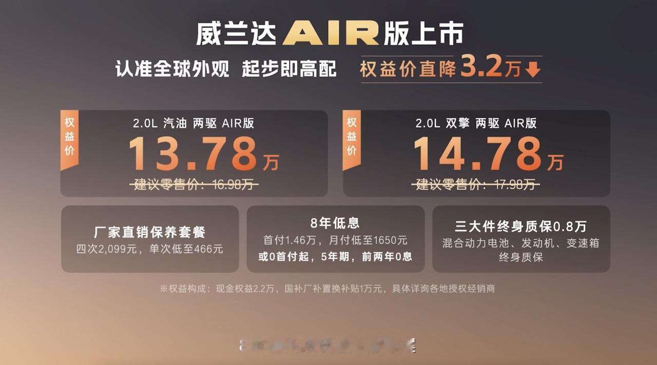 简要分析一下13.78万入门的威兰达AIR版够不够实诚？先说观点：够！理由