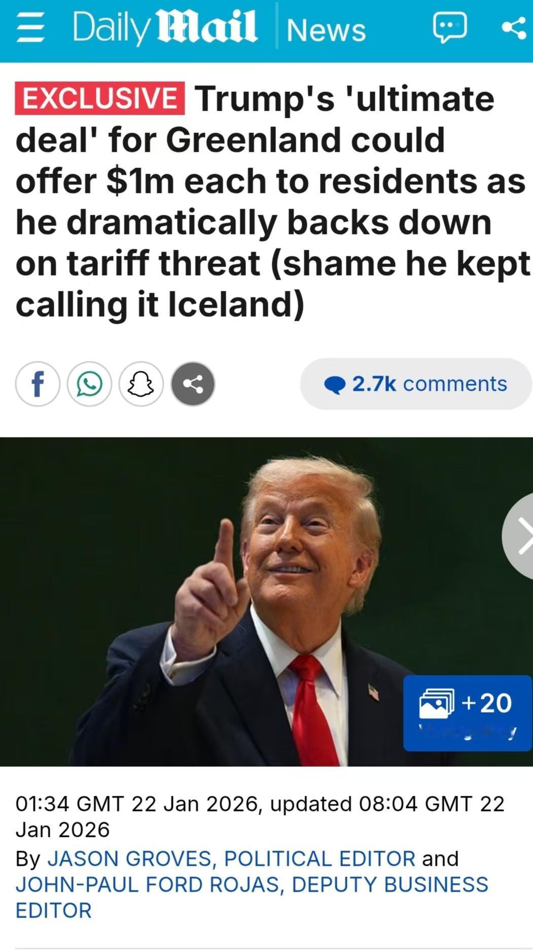 特朗普给欧洲和格陵兰岛开出最后的条件，第1，格陵兰岛居民，每一个人都可以得到10