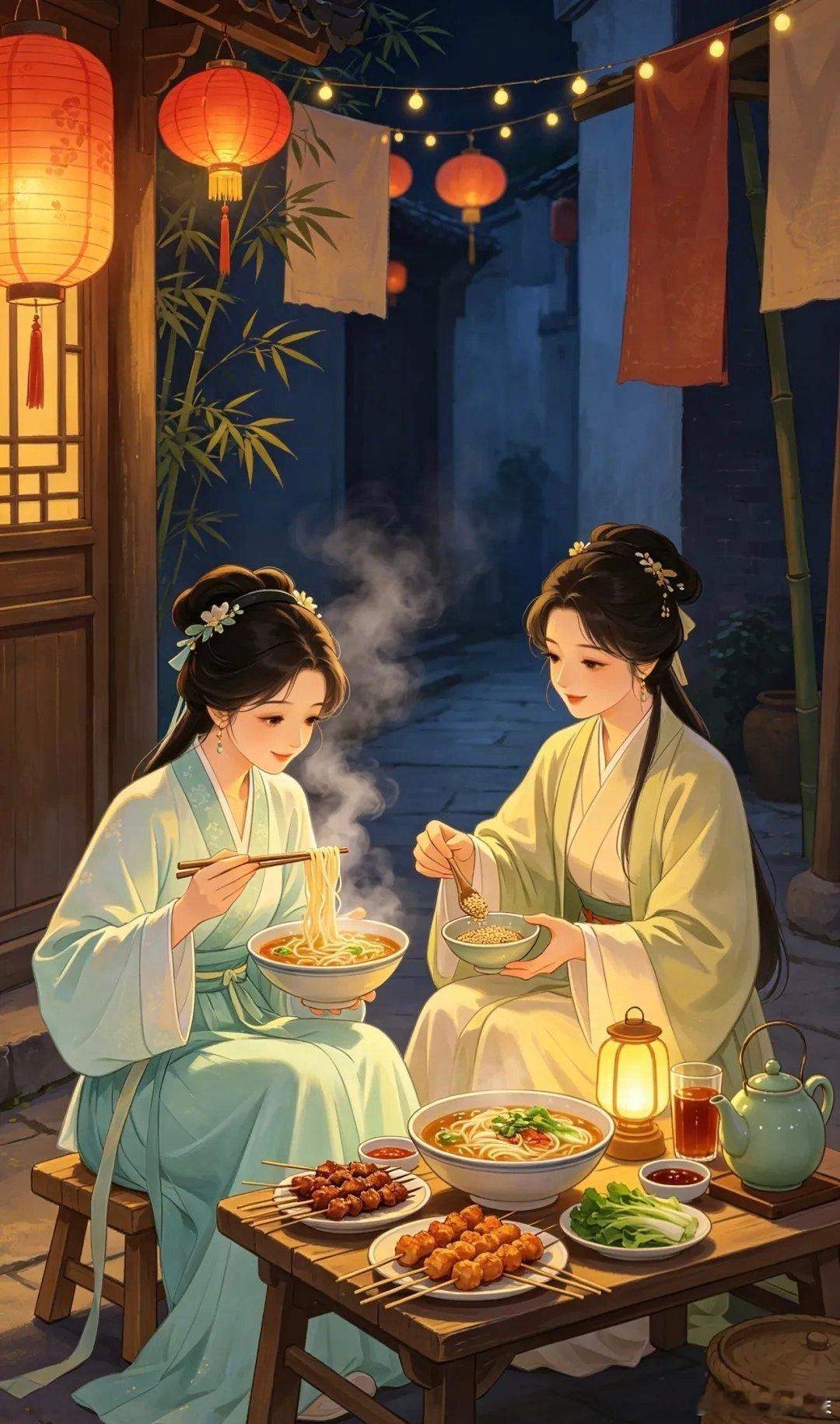 古风闺蜜吃货夜探美食记～插画壁纸​​​