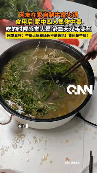 四川，一女子在网上刷到牛瘪火锅的教程，就想在家做给家人吃，结果一家四口吃完都中毒