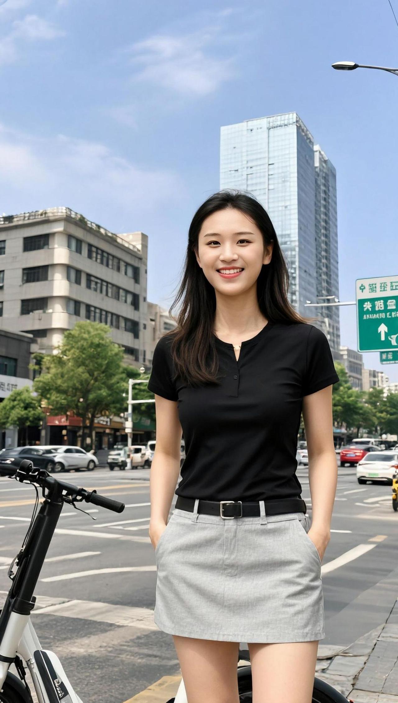 阳光洒在街头，黑色短袖搭配牛仔短裤，简约又不失时尚感。背景是繁华的都市街道，高楼