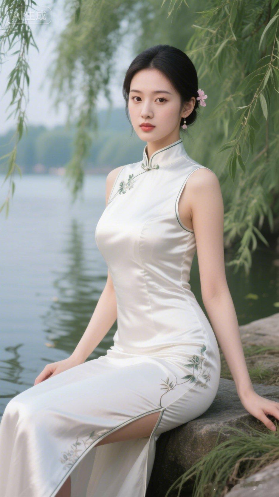 一位美女坐在湖边，穿着旗袍。