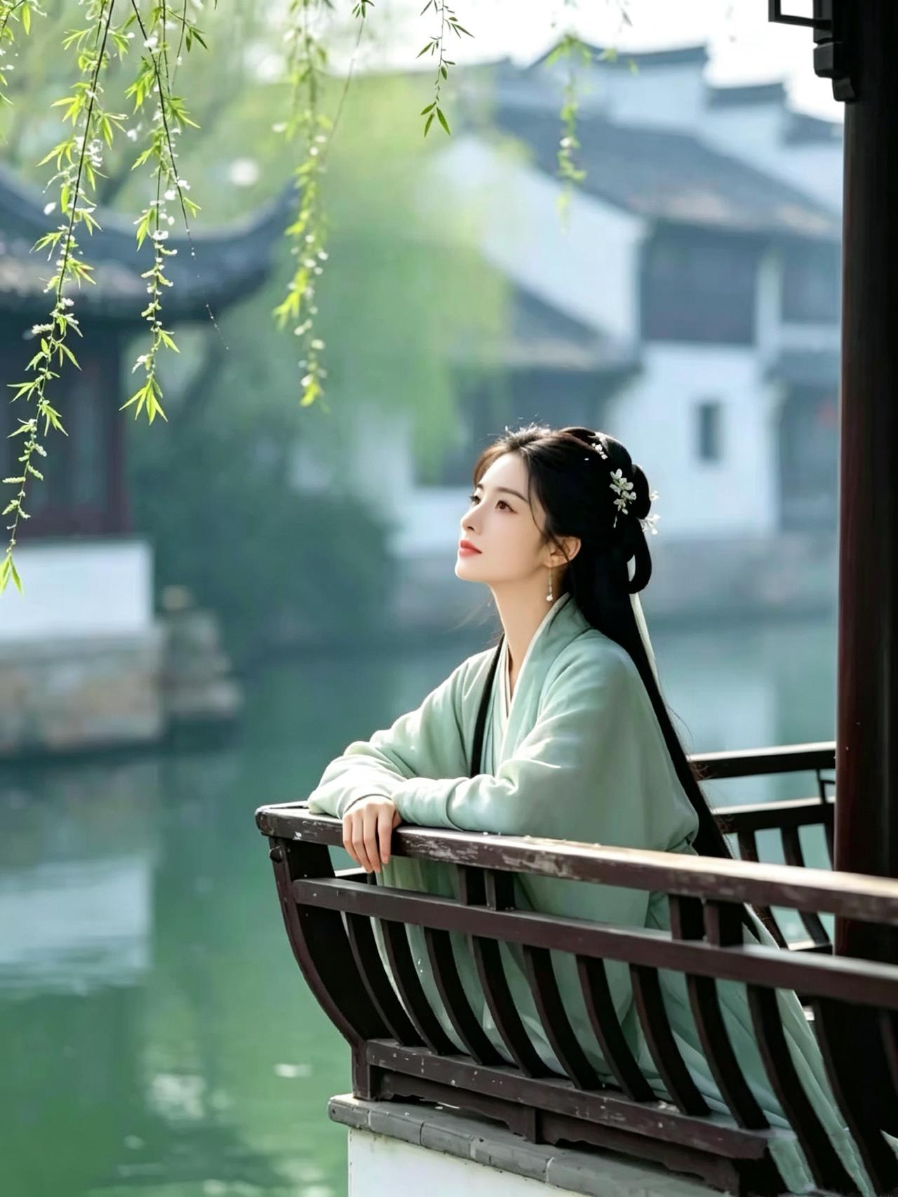 春韵庭望粉雾萦枝落日柔，香风绕鬓惹清愁。轻拈花影惊飞鸟，静立芳丛盼归舟。