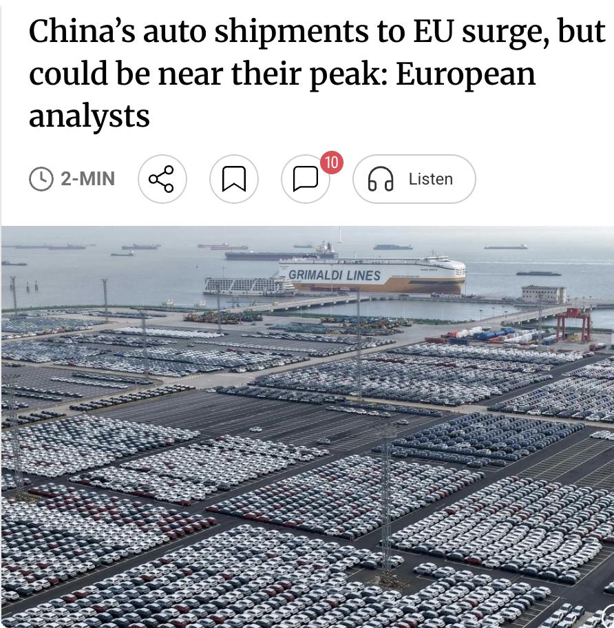 外媒：欧洲分析师认为，中国对欧盟汽车出口虽激增但可能已近峰值。5月欧盟每10
