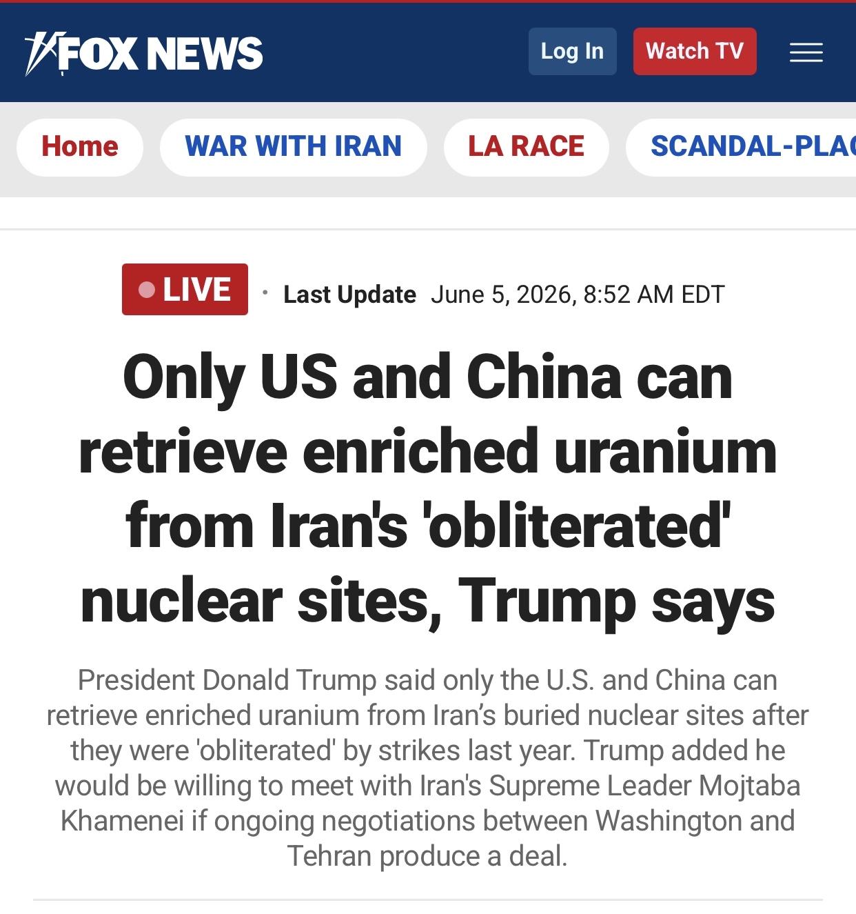 美媒：特朗普说只有美国和中国能把已埋在废墟中的伊朗浓缩铀取出来美国福克斯新闻