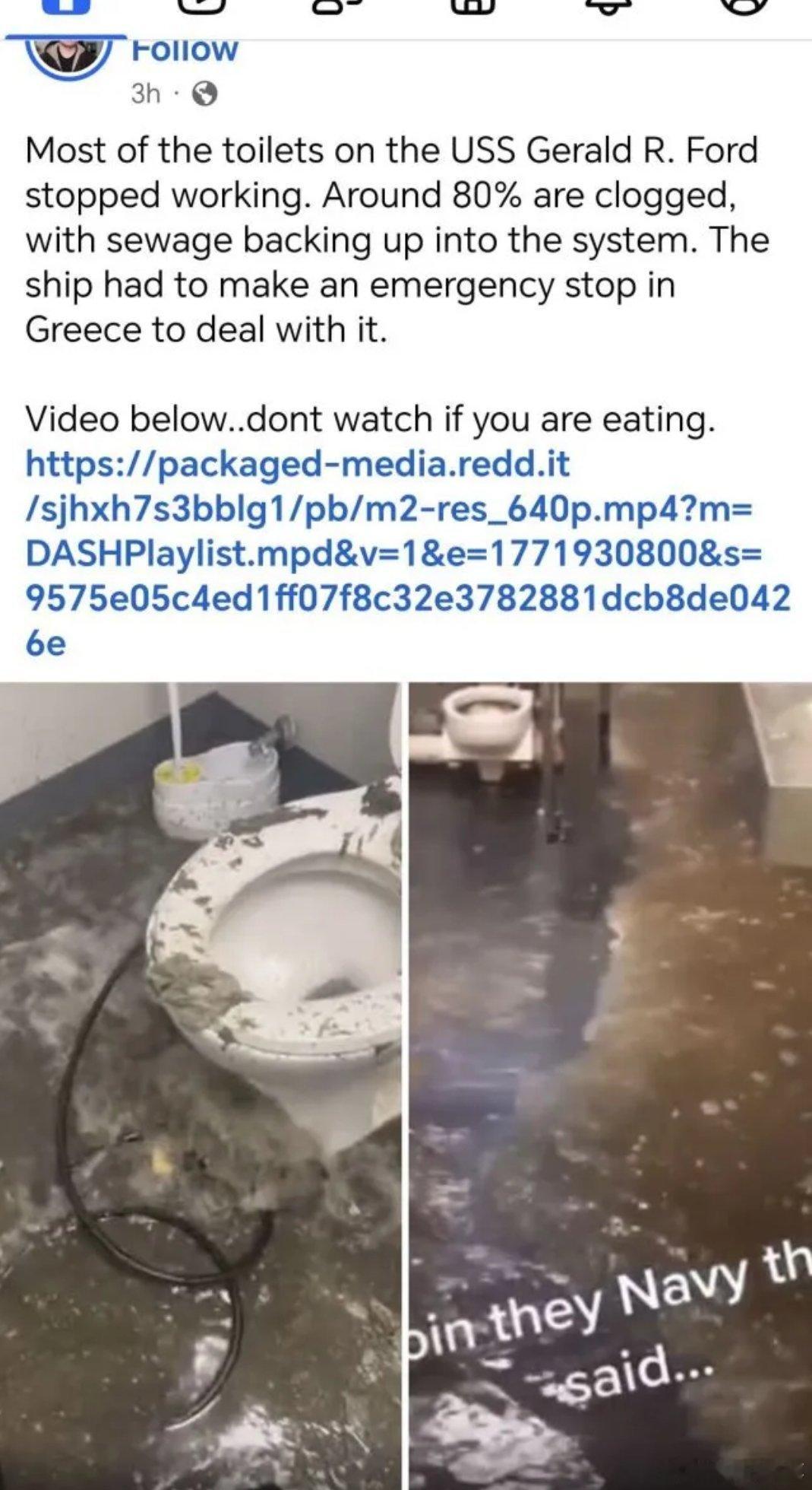 美媒：福特号因为90%厕所坏了，排队上厕所导致不得不靠岸维修。搞笑的是，福特”号