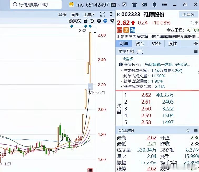 2026年2月12日，光伏板块雅博股份（002323）强势录得4连板，成为当日市