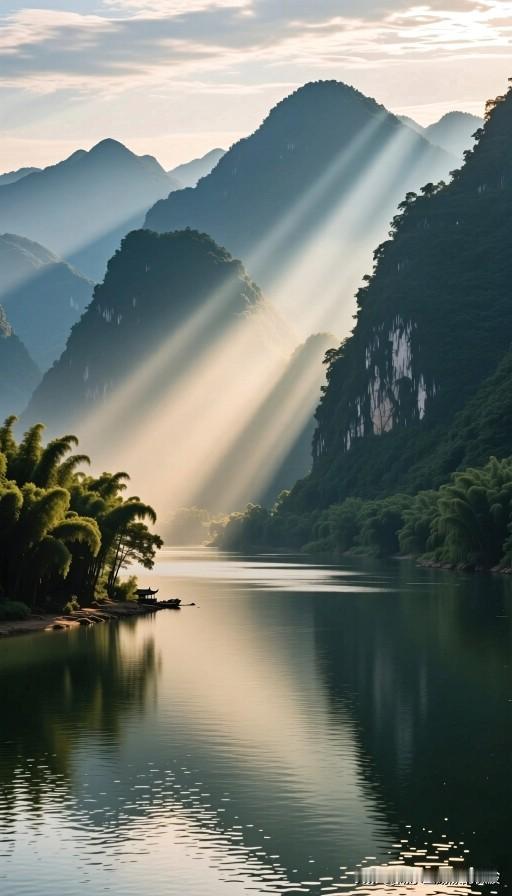 上联：江水悠悠山影远下联：云霞缥缈月光轻横批：山水相依