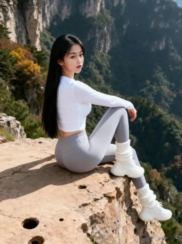 姑娘坐在山崖上，风景美如画。