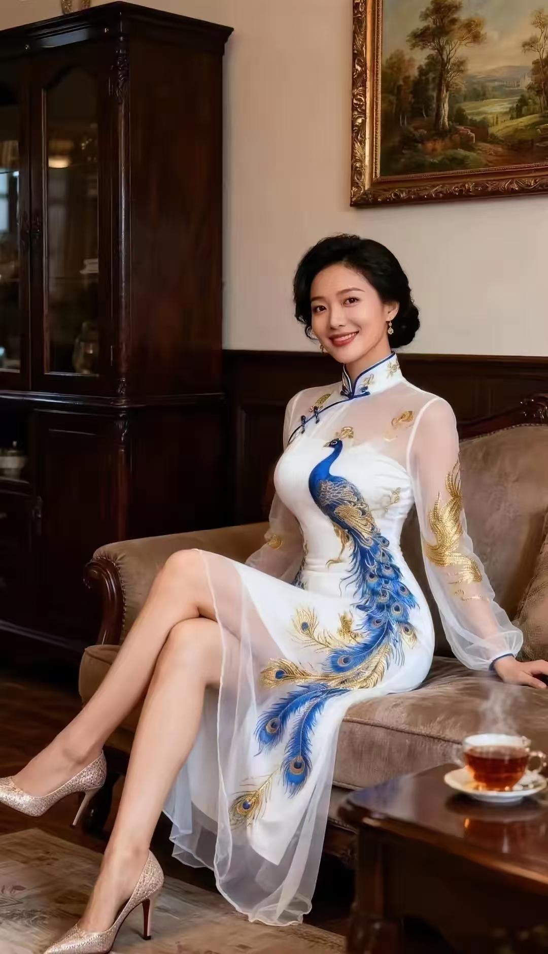 捣练子·旗袍佳人裁素练，绘金翎。蓝袂盈香映画屏。浅坐玉阶闲啜茗，笑谈风雅