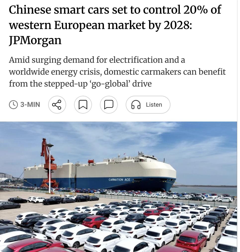 外媒：摩根大通预测，在欧洲电气化加速和全球能源危机背景下，中国智能汽车有望加速抢