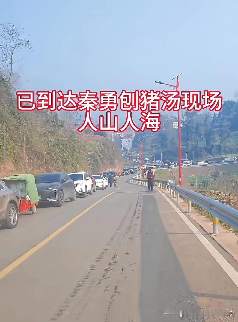 秦勇刨猪汤现场堵到崩溃！公路停满车人挤人，去了光堵车没喝到汤重庆秦勇刨猪汤