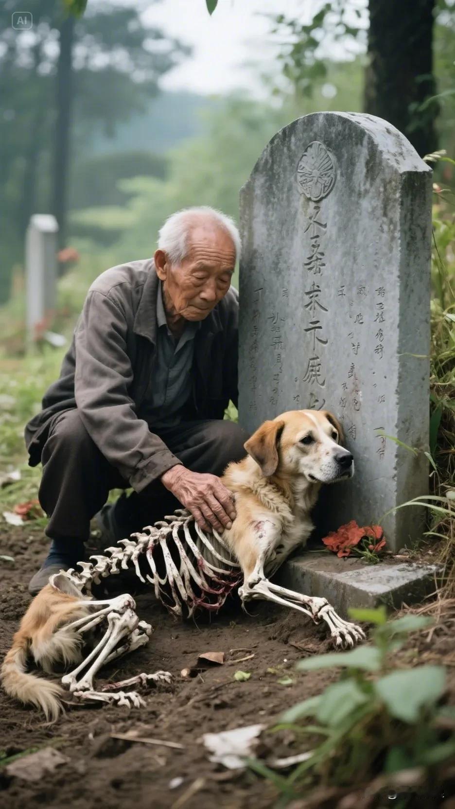 主人去世后被埋葬在山坡上，生前养的狗狗每日守在坟茔前，最终饿死在那里。一位老人上