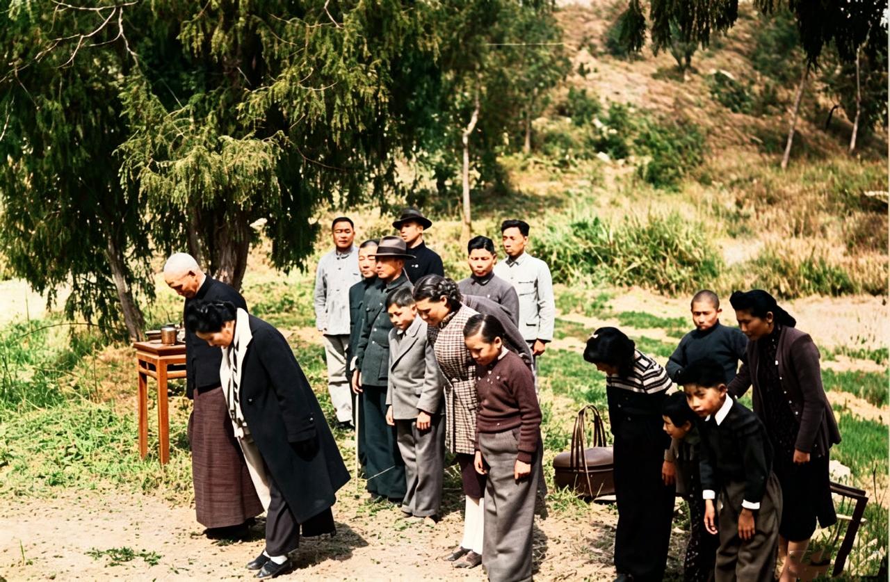 这是1947年清明前后，蒋中正带着全家老少回奉化溪口老家祭祖。这也是他一生风光最