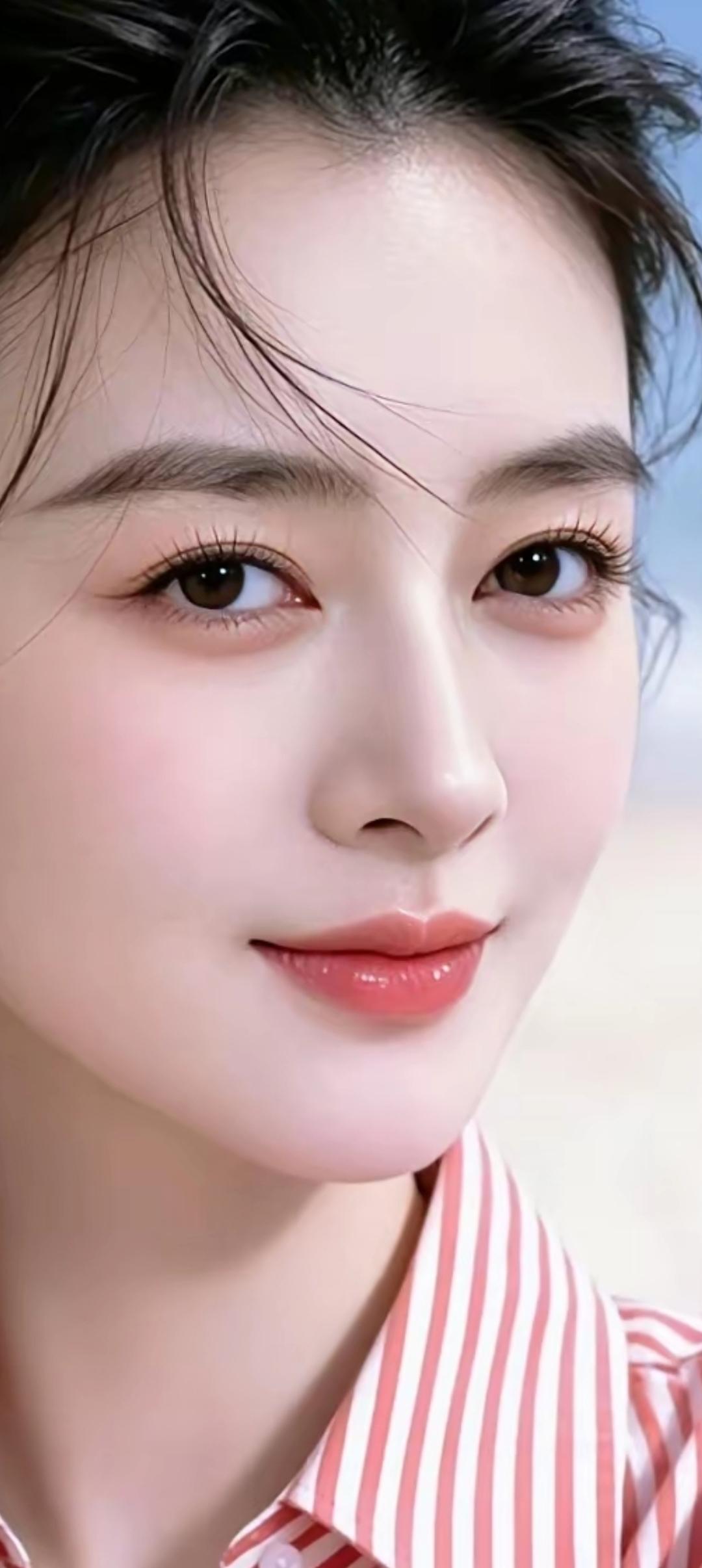 元气少女，甜美笑容，红白条纹衬衫，清新自然。