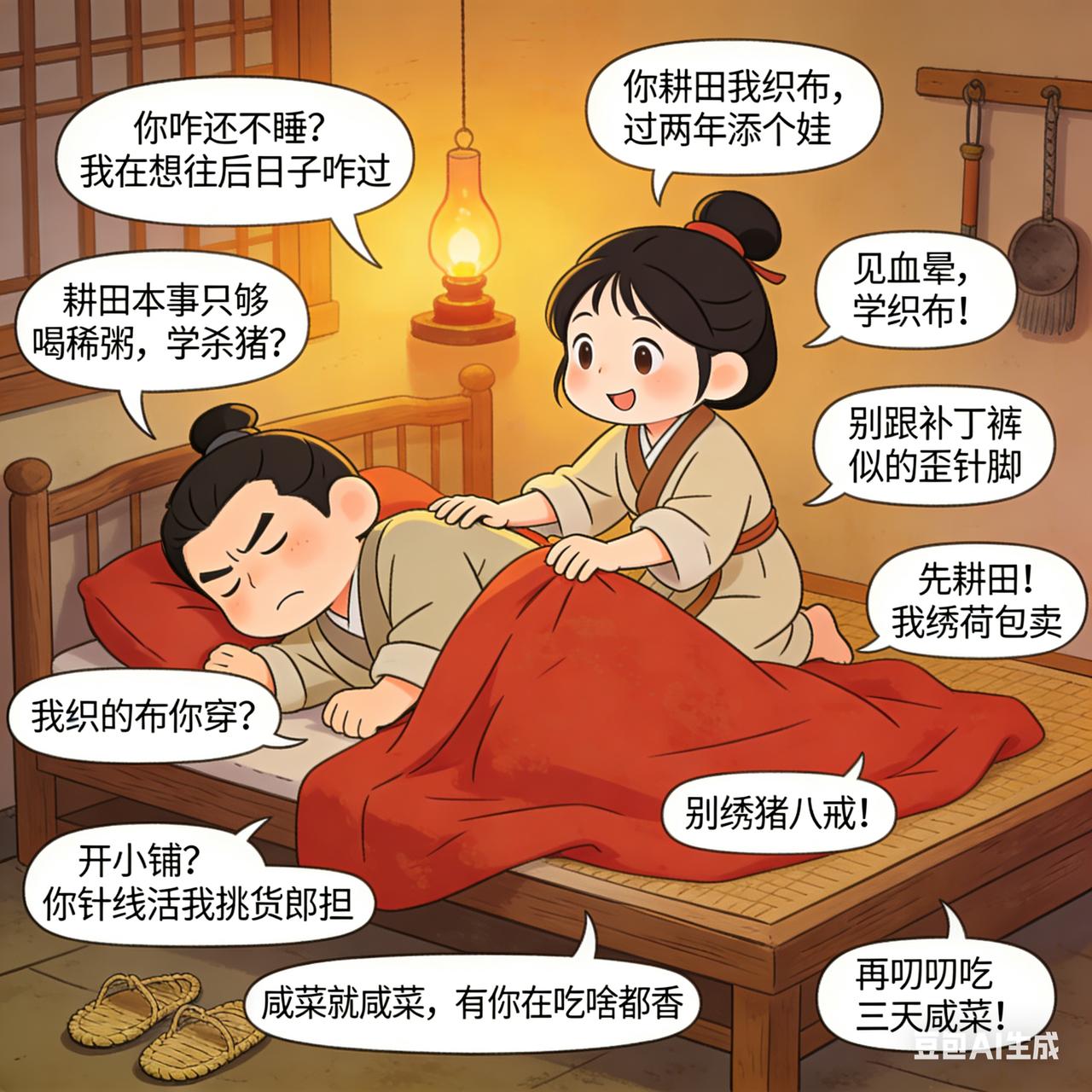 古代夫妻搞笑段子有对夫妻刚成亲不久，夜里丈夫翻来覆去睡不着，妻子问：“你咋还