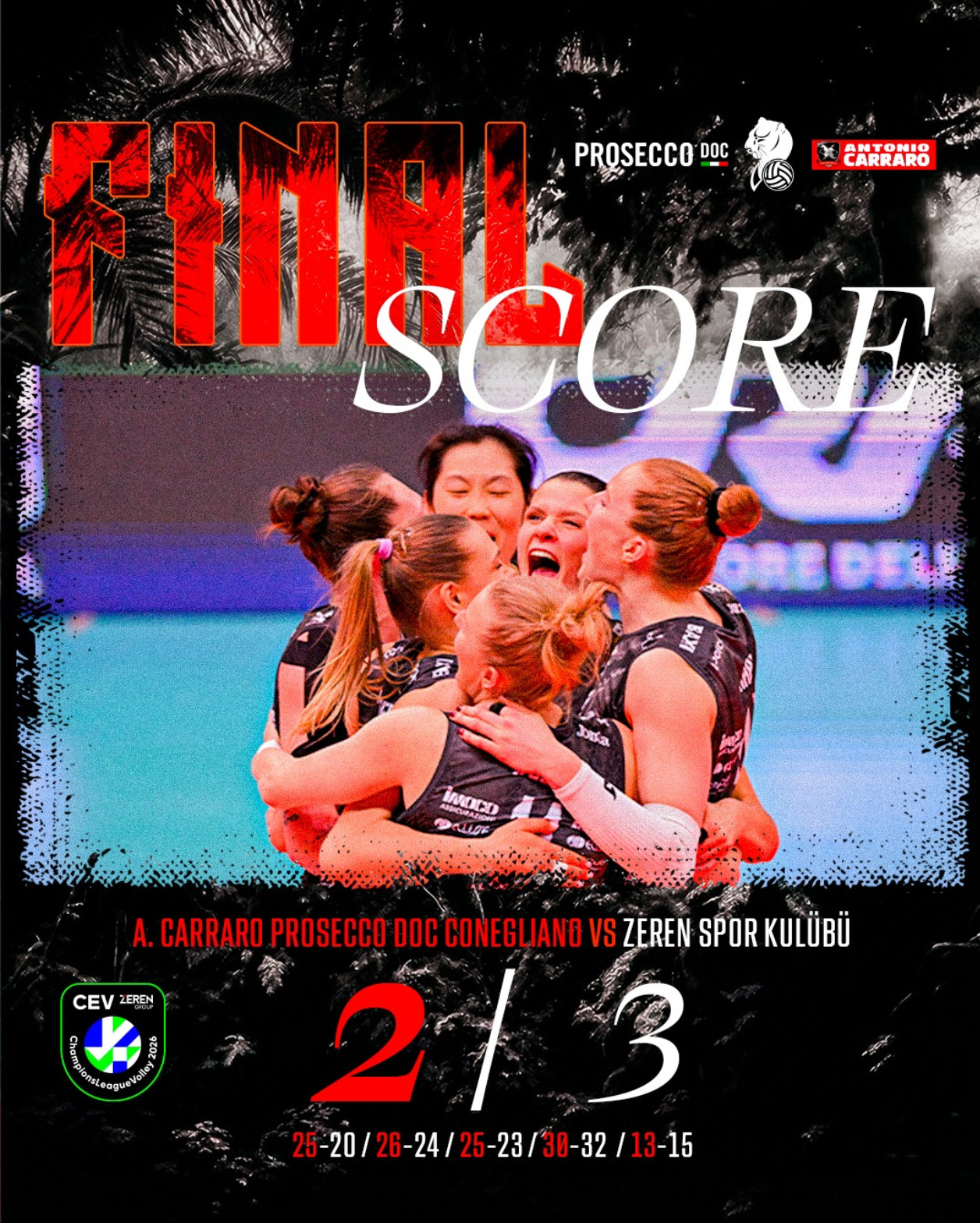 科内利亚诺主场先胜两局，锁定欧冠四强名额，随后换下绝大部分主力，只剩朱婷和德吉纳