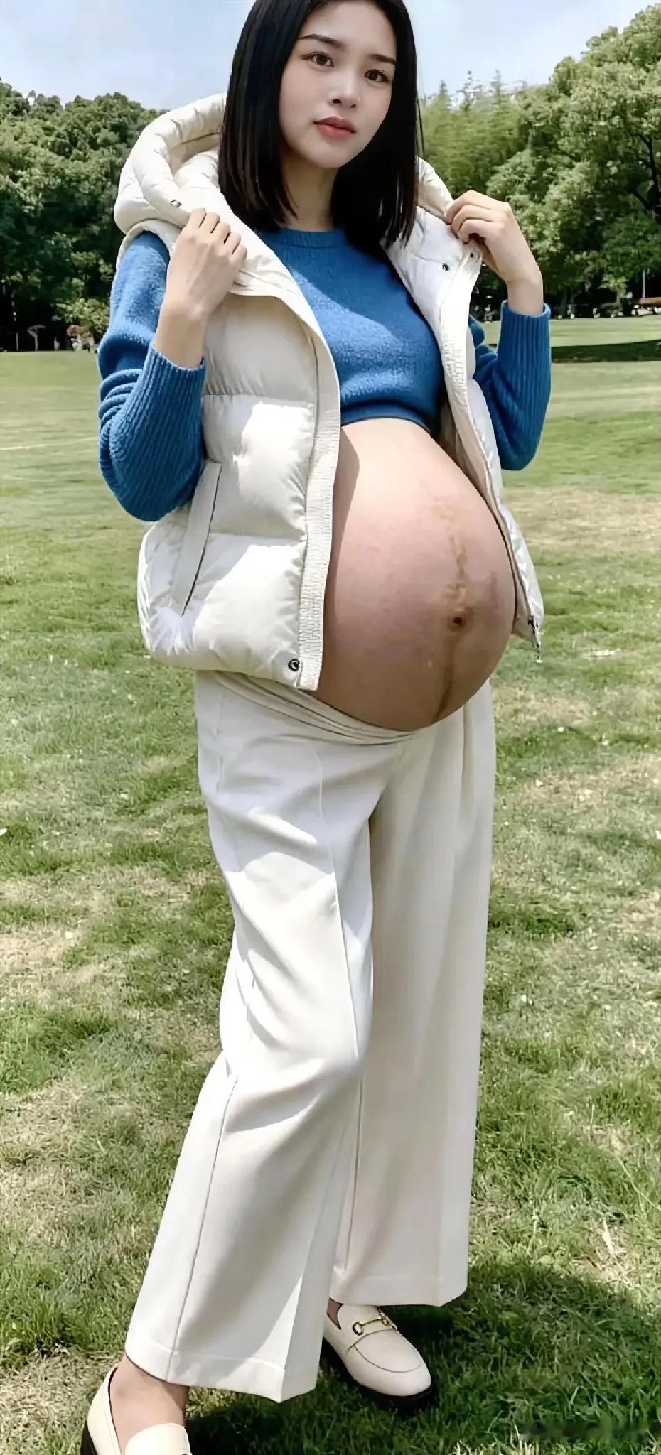 孕味满满，温柔蓝白穿搭，公园里的美好时光🌿💙👶🏻