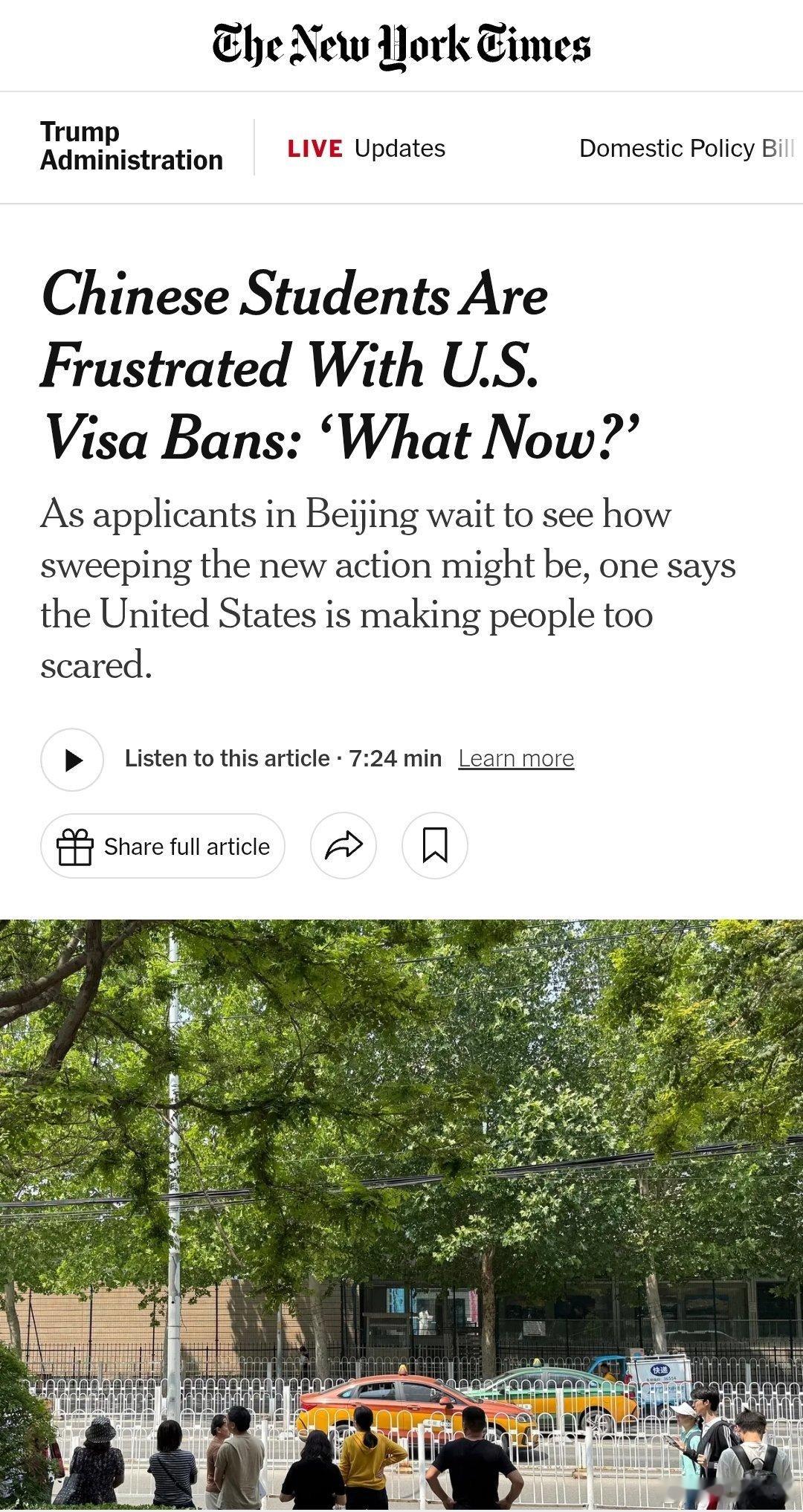【中国留学生对美国签证禁令表示无助和沮丧】（纽约时报）在特朗普政府宣布将“积极”