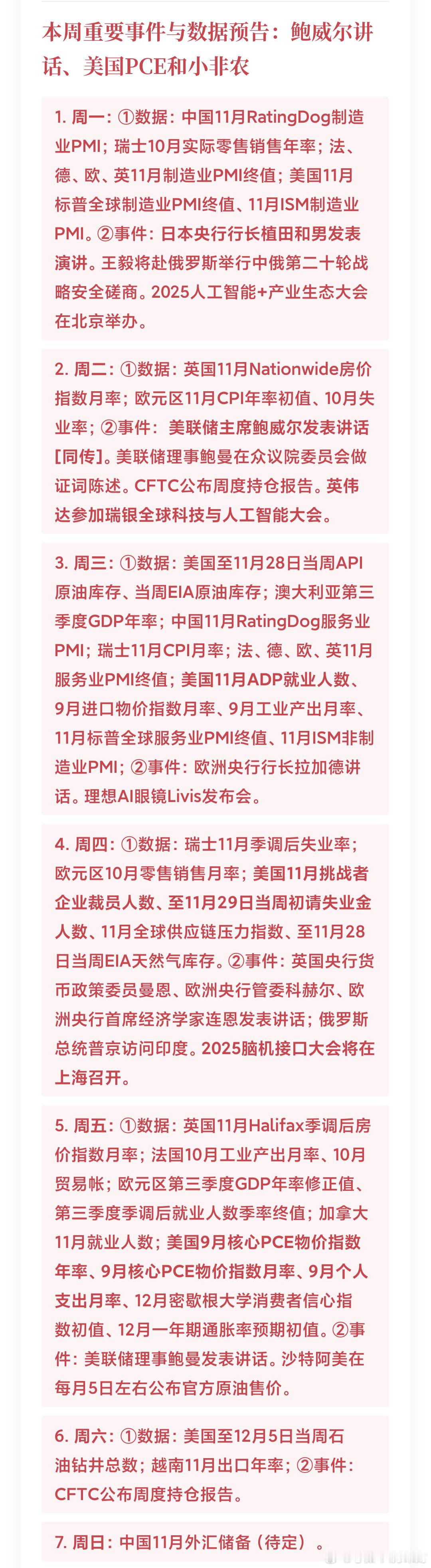 【本周市场核心特征】全是硬菜！事件与数据密集，影响力巨大。【关键事件日程表】📅