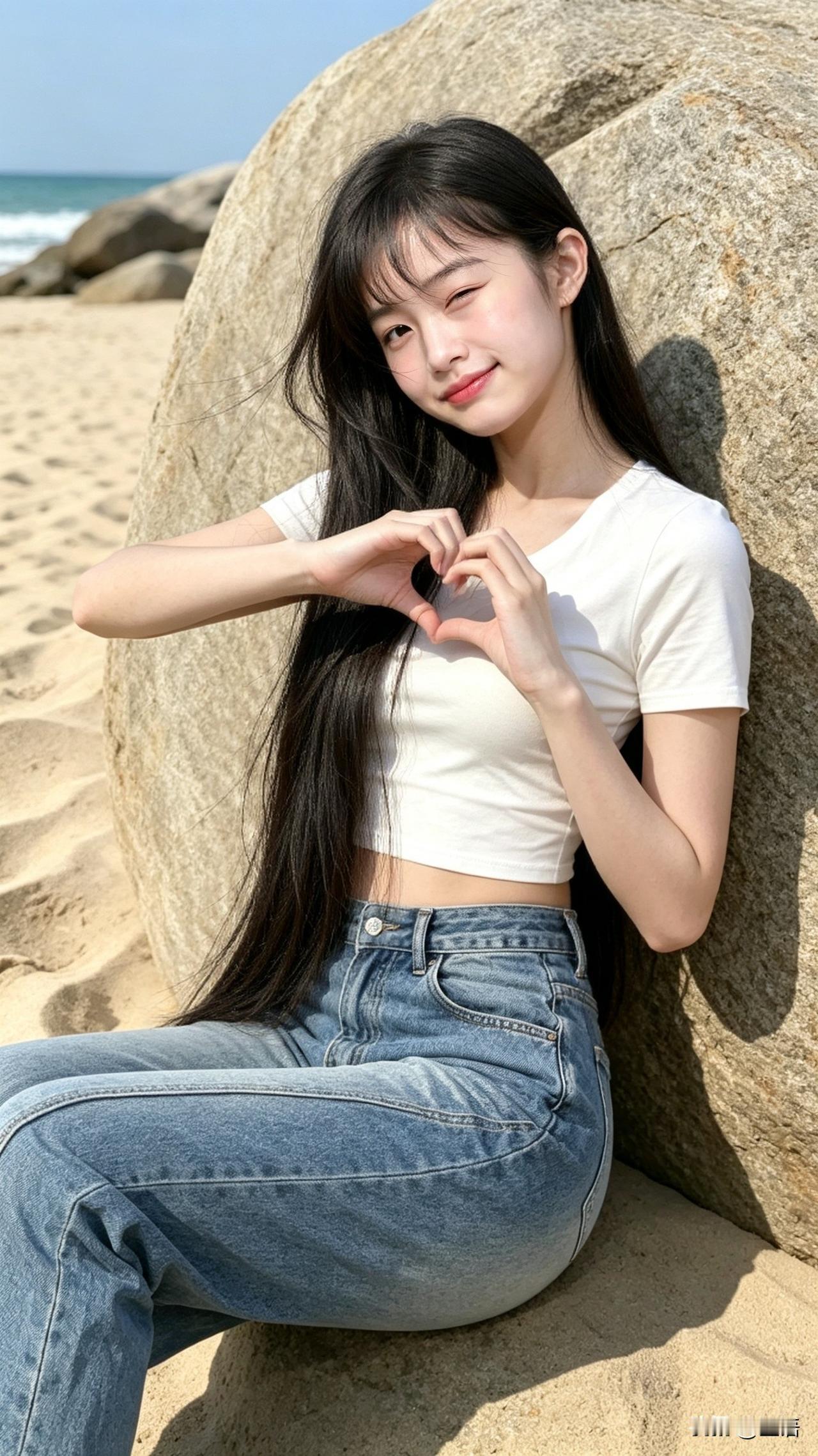 沙滩上的甜美瞬间，心形的微笑😊什么样的穿搭可以成为气质女神?