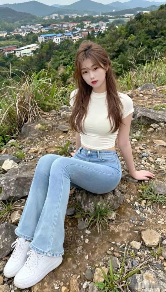 山间少女，清新自然，白衣蓝裤，静坐岩石，享受宁静时光。