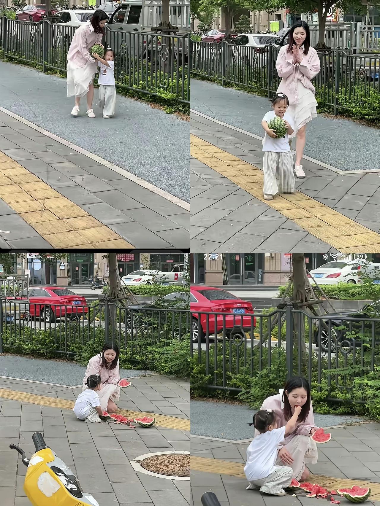 宝妈打开了正确带娃的姿式。一位宝妈带着4岁的萌娃上街挑选了一只大西瓜