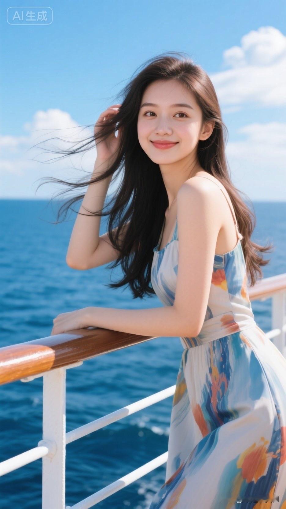 海边漫步，微风拂面，笑靥如花