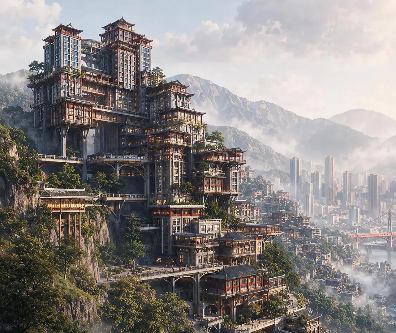 这山城重庆已太超前了吧！把房子建在了这山上。