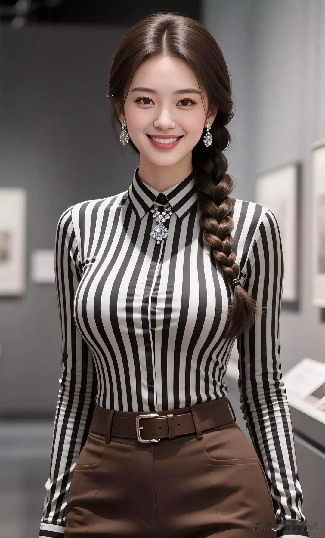 条纹衫，麻花辫，笑盈盈，很温婉。