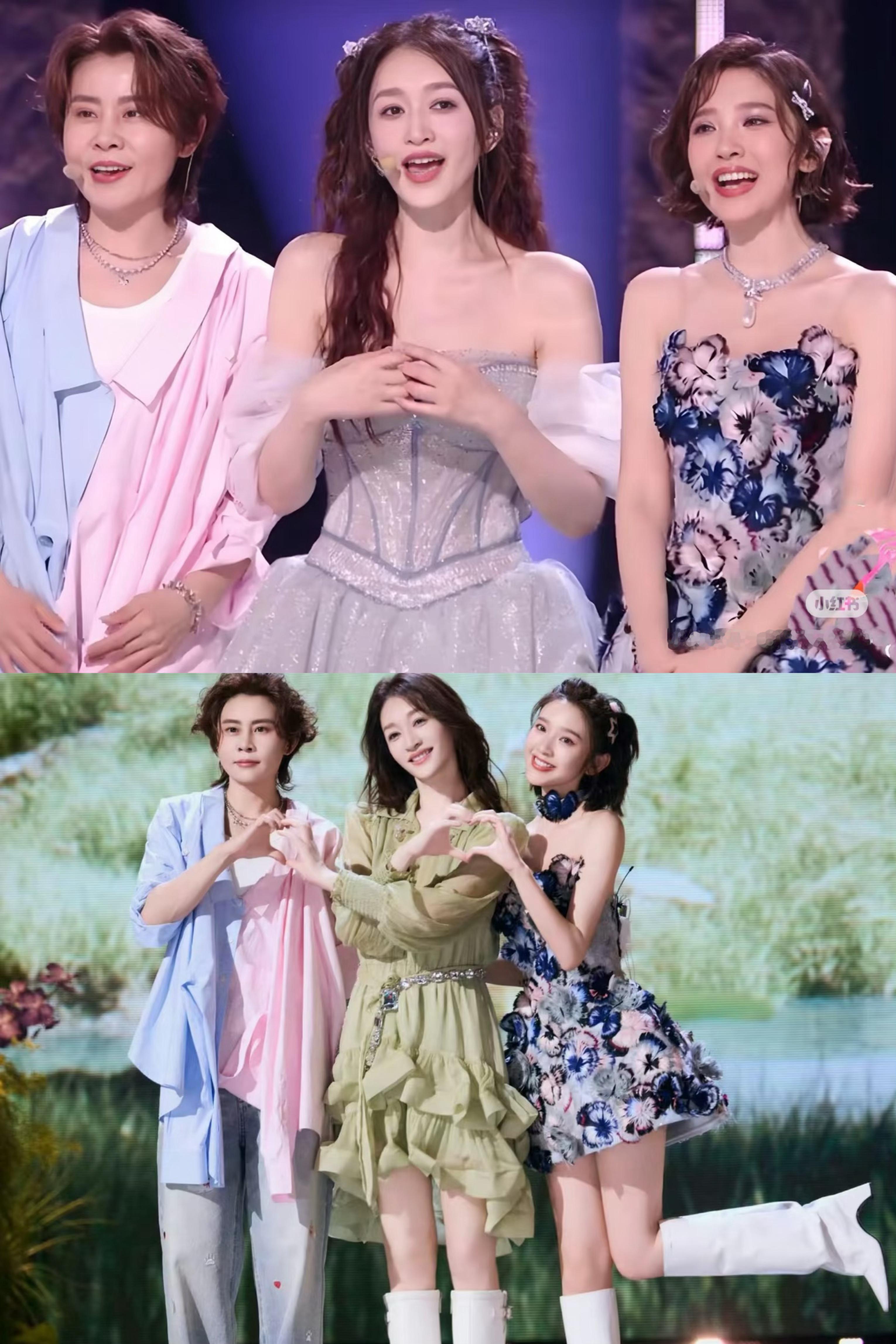 李小冉唐艺昕彩排时的妆造发型温婉又俏皮，直播时一个换成了双马尾，一个短发卷，效果