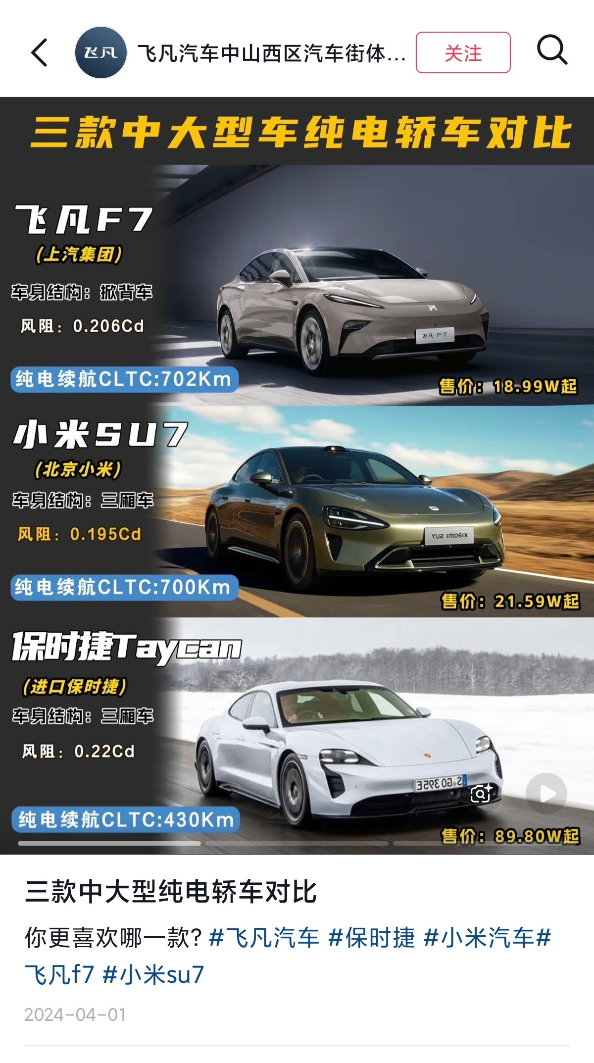 你们还记得上汽飞凡F7么？2024年3月38日第一代小米SU7