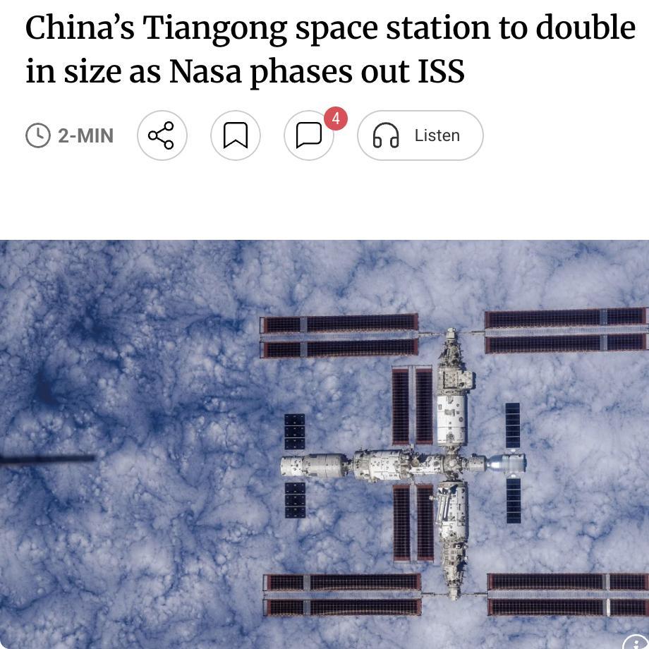 外媒：中国已确认计划扩建天宫空间站，规模将扩大一倍以上，以满足日益增长的科研需求