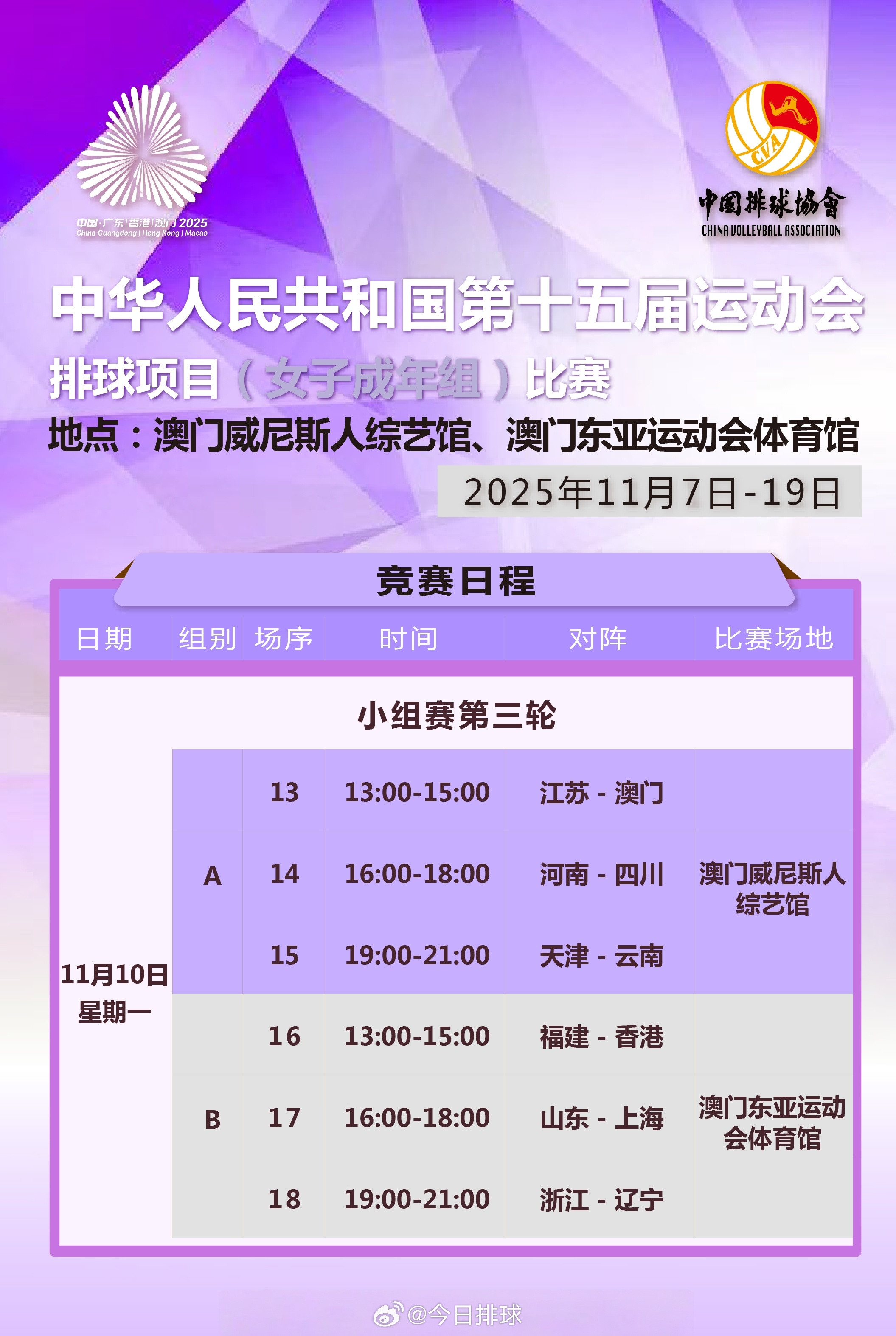 【第十五届全运会女排小组赛今天（11月10日）的竞赛日程】13:00A组江