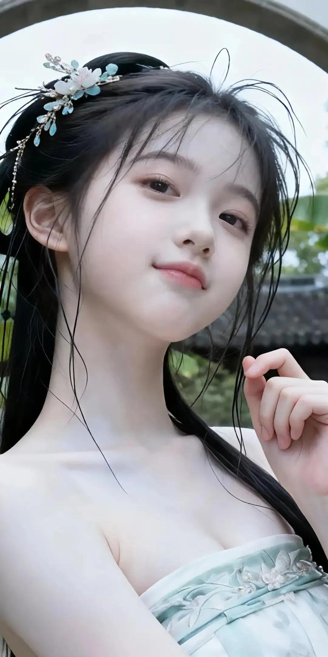 清透白皙的肌肤，搭配精致汉服造型，真的就像古代仙女下凡。小姐姐梳着双垂髻，发辫坠