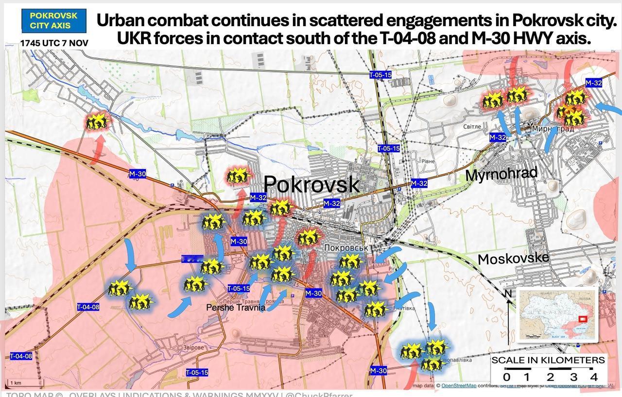 波克罗夫斯克市：乌克兰军队在T-04-08公路和M-30公路沿线与俄军交战。此次