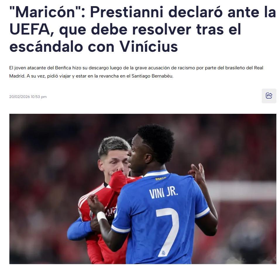 TyC：本菲卡球员普雷斯蒂亚尼就对威尼修斯的争议言论向欧足联作证——他否认喊威尼