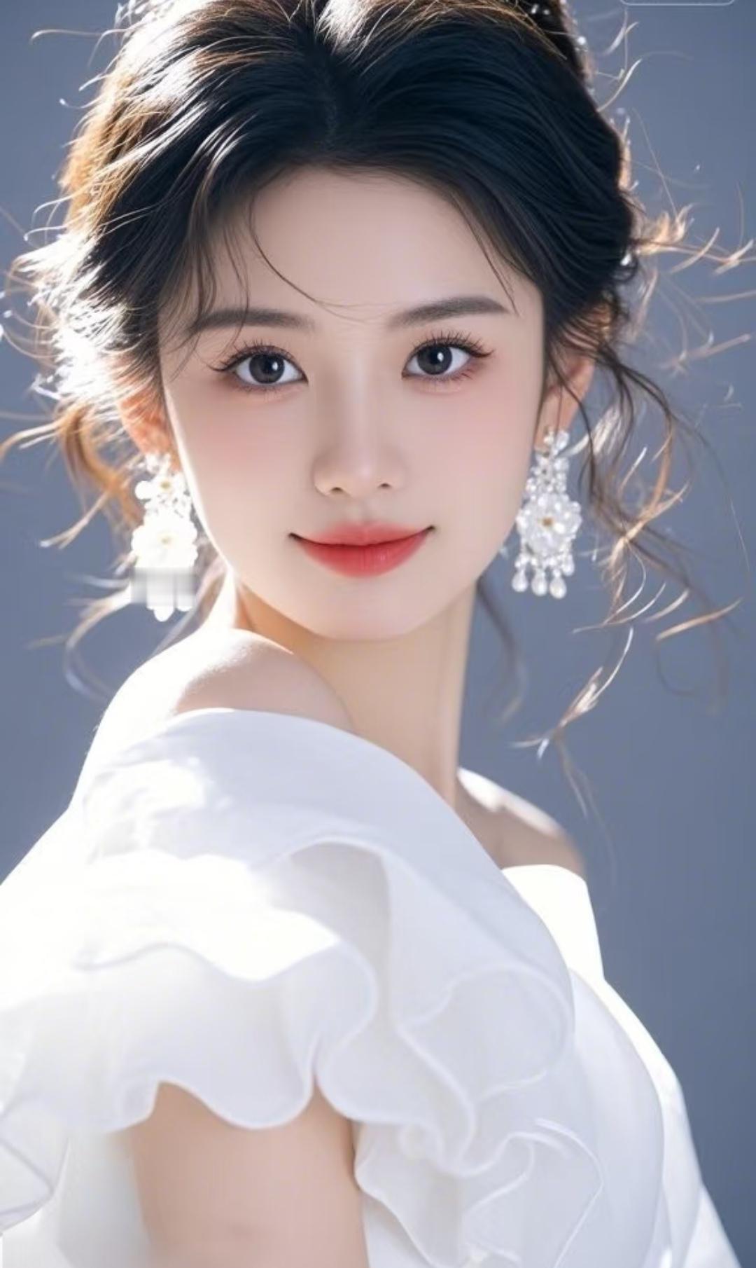 优雅白裙，闪耀耳饰，甜美少女风。优雅美图分享美女人像群