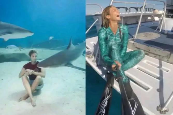 当一群鲨鱼张着血盆大口朝你游来，你会怎么做？逃？还是装死？一位意大利女潜水员的选