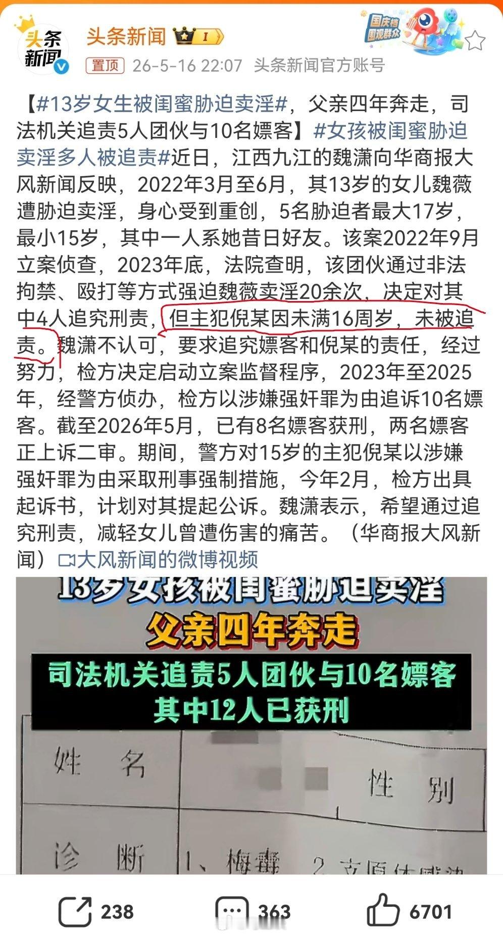 13岁被闺蜜胁迫卖淫身心受到重创，5名胁迫者最大17岁，最小15岁，其中一人系她