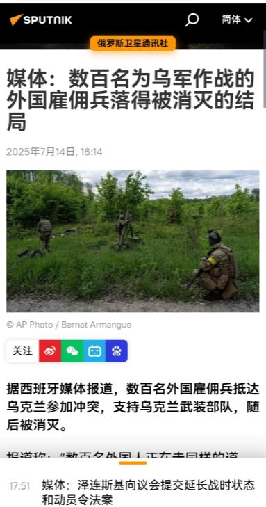数百名外国雇佣兵被消灭。据俄罗斯卫星通讯社7月17日援引西班牙媒体的报道，数