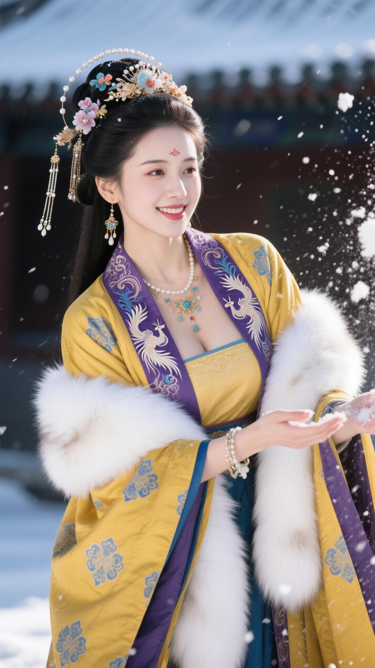 鹧鸪天·雪苑惊鸿金缕裁云覆雪轻，紫绦垂凤步瑶京。指尖漫捻琼花碎，鬓畔斜簪