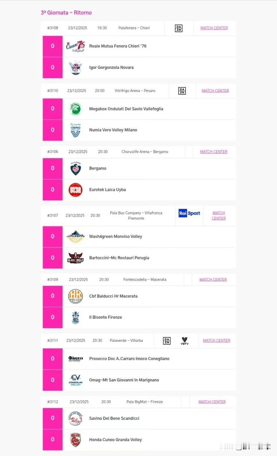 2025-2026赛季意大利🇮🇹女排联赛常规赛第十六轮赛程预告(北京时间)