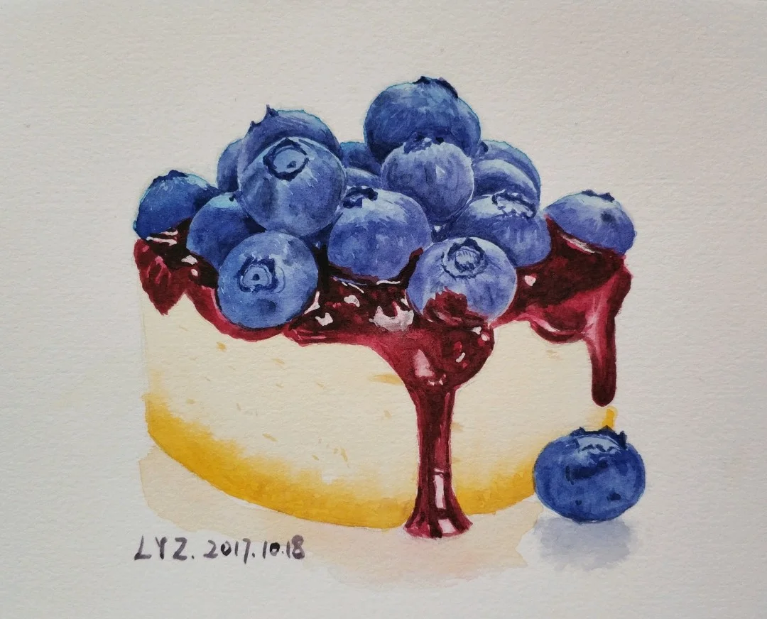 水彩甜品。蓝莓芝士蛋糕
