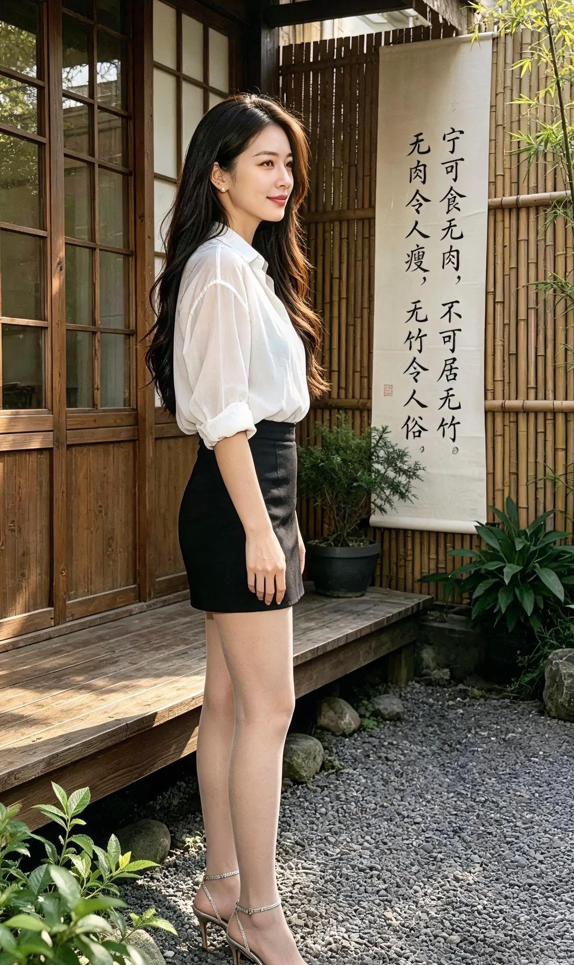 《竹畔清风》白衫轻盈，黑裙利落，高跟轻踏碎石小径。长发微卷，侧身回眸