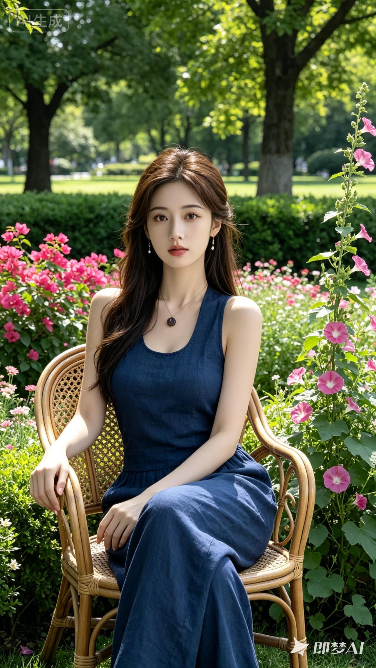 夏日清新穿搭，蓝裙与绿意相映成趣，自然之美尽显。