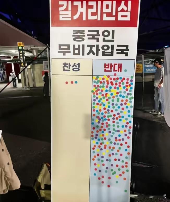 这是一张韩国街头的民意调查,左边是支持中国人免签,右边是不支持中国人免签,而其中