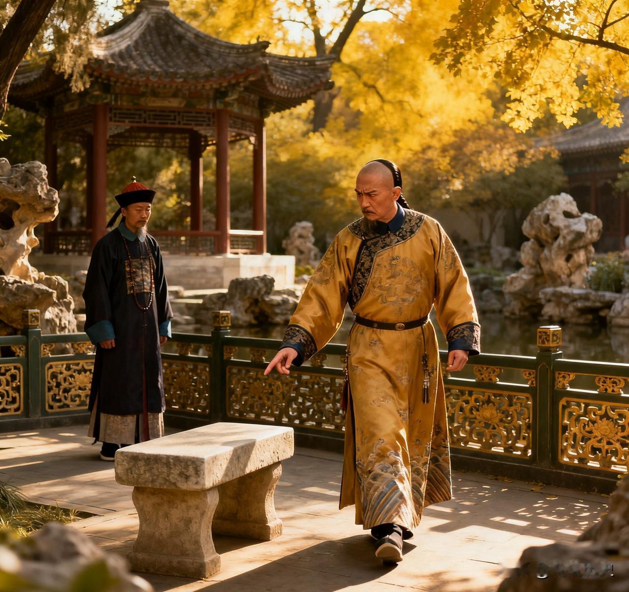 乾隆在御花园散步，突然停下指着石凳对太监总管说：“这凳子被人动过，昨夜有人在此私