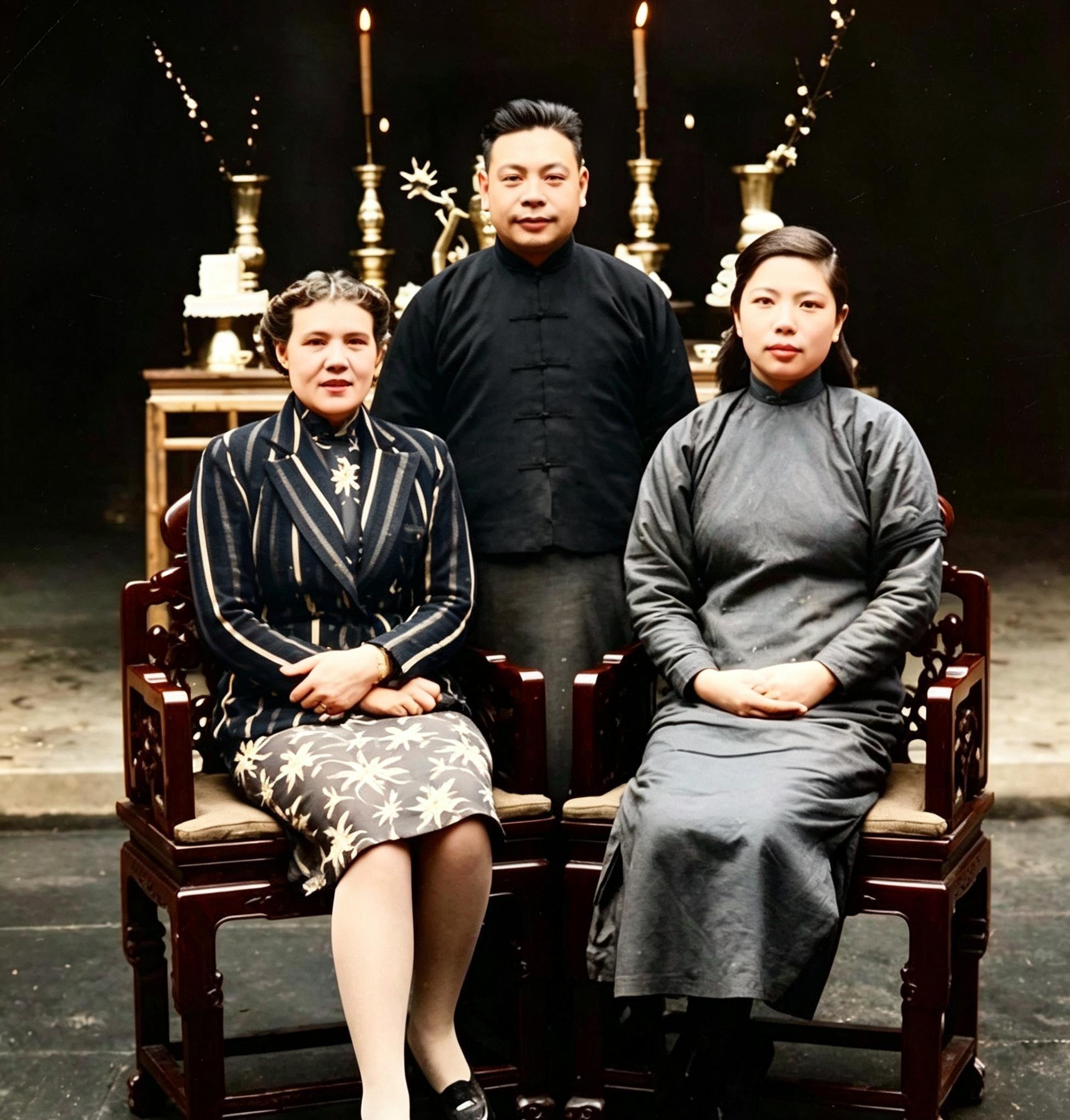 这是蒋建丰夫妇与表弟竺培风的妻子杨郁文。三人脸色浓重，表情僵硬。原来，这是蒋建丰夫妇来为坠机遇难的表